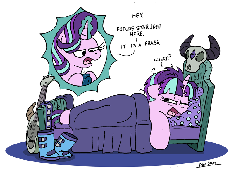 Size: 2299x1686 | Tagged: safe, artist:bobthedalek, derpibooru import, starlight glimmer, pony, unicorn, g4, atg 2022, bed, belt, boots, chocolate, clothes, dialogue, drink, edgelight glimmer, empathy cocoa, female, food, guitar, horn, hot chocolate, image, it's a phase, mare, mug, musical instrument, newbie artist training grounds, pillow, png, s5 starlight, self paradox, self ponidox, shoes, simple background, skull, starlight's room, teenage glimmer, time travel, time travel glimmer, white background, younger