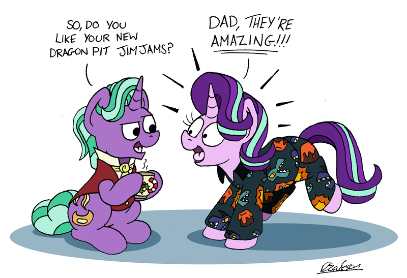 Size: 2362x1615 | Tagged: safe, artist:bobthedalek, derpibooru import, firelight, starlight glimmer, pony, unicorn, g4, board game, clothes, cute, dragon pit, duo, father and child, father and daughter, fathers gonna father, female, firebetes, glim glam's jim jams, glimmerbetes, horn, image, looking at each other, looking at someone, male, mare, mug, pajamas, png, smug, stallion