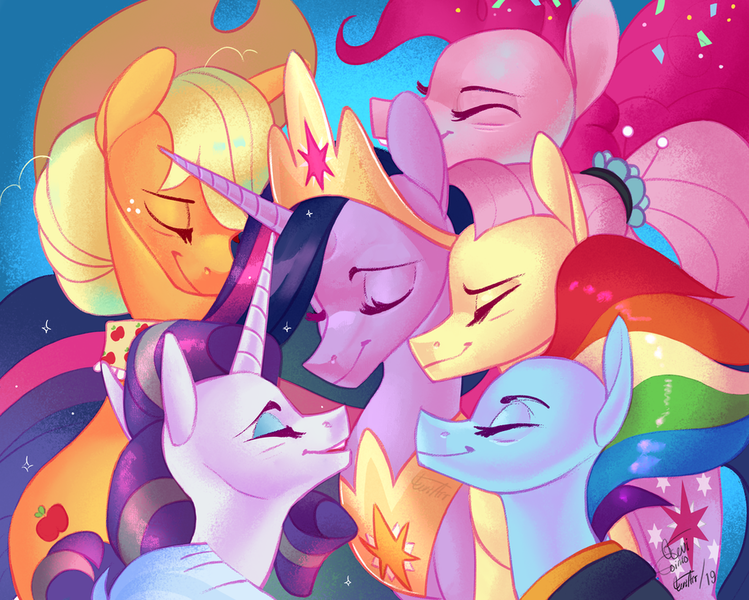 Size: 1024x820 | Tagged: safe, artist:eeviart, derpibooru import, applejack, fluttershy, pinkie pie, princess twilight 2.0, rainbow dash, rarity, twilight sparkle, twilight sparkle (alicorn), alicorn, earth pony, pegasus, pony, unicorn, g4, the last problem, end of g4, end of ponies, eyes closed, female, horn, image, mane six, mare, my little pony, older, older applejack, older fluttershy, older mane six, older pinkie pie, older rainbow dash, older rarity, older twilight, older twilight sparkle (alicorn), png