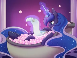 Size: 2100x1600 | Tagged: safe, artist:duskyamore, derpibooru import, princess luna, alicorn, pony, g4, annoyed, bath, bathtub, bubble bath, claw foot bathtub, female, image, mare, png, scroll, solo, working