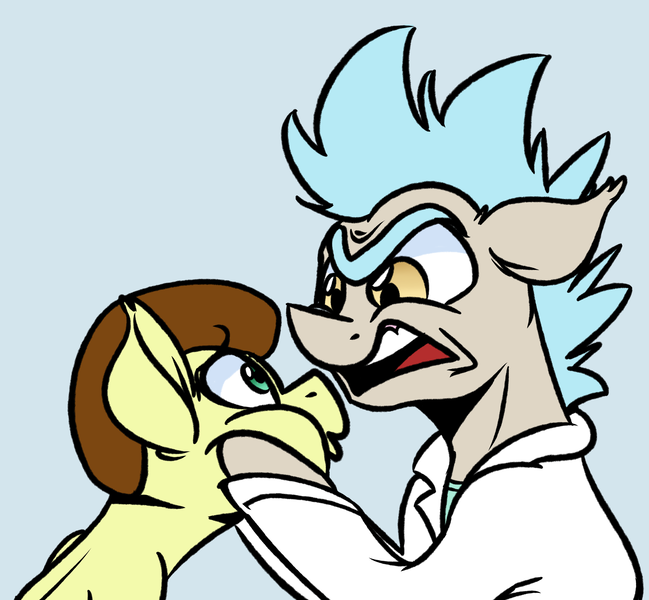 Size: 2546x2355 | Tagged: safe, artist:witchtaunter, derpibooru import, pony morty, pony rick, ponified, earth pony, pony, g4, grannies gone wild, cheek squish, clothes, colt, foal, image, looking at each other, looking at someone, male, morty smith, my little pony, png, rick and morty, rick sanchez, simple background, squishy cheeks, stallion, that was fast