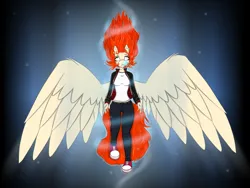 Size: 4500x3375 | Tagged: safe, artist:raw16, derpibooru import, oc, oc:ray muller, anthro, pegasus, aura, belly, belt, breasts, brow piercing, clothes, coat, denim, ear piercing, eyeshadow, female, floating hair, floating wings, flying, force, glowing pendant, illustration, image, jacket, jeans, jewelry, leather, leather jacket, longsleeve, looking at something, looking up, lore, makeup, nowhere, open mouth, pants, pendant, piercing, plaid shirt, png, ponytail, red hair, shirt, shock, shocked, shocked eyes, shoes, shrunken pupils, simple background, sneakers, soar, solo, solo female, spread wings, t-shirt, tattoo, weightlessness, wings