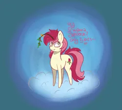 Size: 2367x2128 | Tagged: safe, artist:solardoodles, derpibooru import, roseluck, earth pony, pony, g4, bell, chibi, commission, ear fluff, heart, highlights, holly, holly mistaken for mistletoe, image, outdoors, png, shading, signature, smiling, snow, solo, standing, talking to viewer, twig, ych result