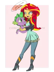 Size: 2116x2835 | Tagged: safe, artist:chibicmps, derpibooru import, spike, sunset shimmer, dragon, human, equestria girls, g4, cute, duo, female, holding, image, male, png, request, shimmerbetes, spikabetes, spikelove