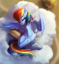 Size: 2349x2553 | Tagged: safe, artist:csox, derpibooru import, rainbow dash, pegasus, pony, g4, belly, book, chest fluff, cloud, cute, dashabetes, ear fluff, eyes closed, female, image, lying down, mare, on back, png, sleeping, smiling, solo