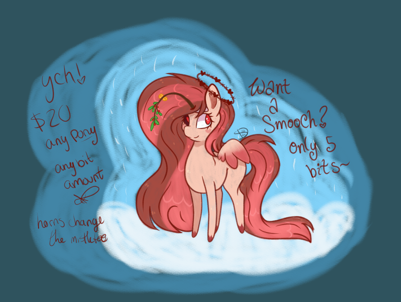 Size: 2828x2128 | Tagged: safe, artist:solardoodles, derpibooru import, oc, oc:love letter, unofficial characters only, pegasus, pony, blank flank, colored hooves, colored wings, commission, ear fluff, highlights, hooves, image, mistletoe, pegasus oc, png, shading, smiling, snow, solo, wings, ych example, your character here