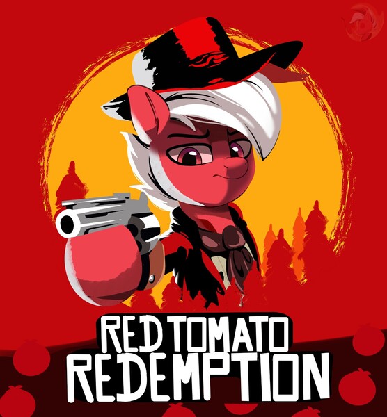 Size: 1854x2000 | Tagged: safe, artist:joaothejohn, derpibooru import, oc, oc:flamebrush, pegasus, pony, abstract background, badass, clothes, cowboy, cowboy hat, frown, game, glare, gun, handgun, hat, image, jpeg, looking at you, male, multicolored hair, old west, pegasus oc, red dead redemption 2, revolver, text, tree, weapon, wings