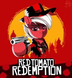 Size: 1854x2000 | Tagged: safe, artist:joaothejohn, derpibooru import, oc, oc:flamebrush, pegasus, pony, abstract background, badass, clothes, cowboy, cowboy hat, frown, game, glare, gun, handgun, hat, image, jpeg, looking at you, male, multicolored hair, old west, pegasus oc, red dead redemption 2, revolver, text, tree, weapon, wings