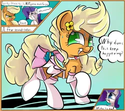 Size: 2598x2309 | Tagged: safe, artist:madacon, derpibooru import, applejack, rarity, earth pony, pony, unicorn, g4, applejack also dresses in style, clothes, comic, dressup, female, grin, horn, image, mare, nervous, open mouth, png, raised hoof, raised leg, smiling, sweat, wahaha, wingding eyes