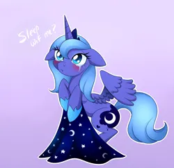 Size: 2488x2410 | Tagged: safe, artist:scarlet-spectrum, derpibooru import, princess luna, pony, g4, :t, bipedal, blanket, blushing, bronybait, crying, cute, female, filly, filly luna, floppy ears, foal, frown, hoof hold, image, looking up, lunabetes, png, pouting, s1 luna, solo, spread wings, tsundere, tsunderuna, wings, woona, younger