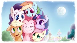 Size: 2440x1373 | Tagged: safe, artist:sea-maas, derpibooru import, applejack, fluttershy, pinkie pie, rainbow dash, rarity, twilight sparkle, earth pony, pegasus, pony, unicorn, g4, commission, crying, female, group, happy, horn, image, joy, mane six, mare, moon, pink side of the moon, png, ponyville, sextet, smiling, tears of joy, thumbnail