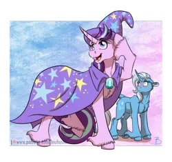 Size: 1600x1504 | Tagged: safe, artist:inuhoshi-to-darkpen, derpibooru import, starlight glimmer, trixie, pony, unicorn, g4, abstract background, blushing, cape, chest fluff, clothes, clothes swap, curved horn, duo, female, gradient background, hat, horn, image, lesbian, mare, png, shipping, startrix, trixie's cape, trixie's hat, unshorn fetlocks