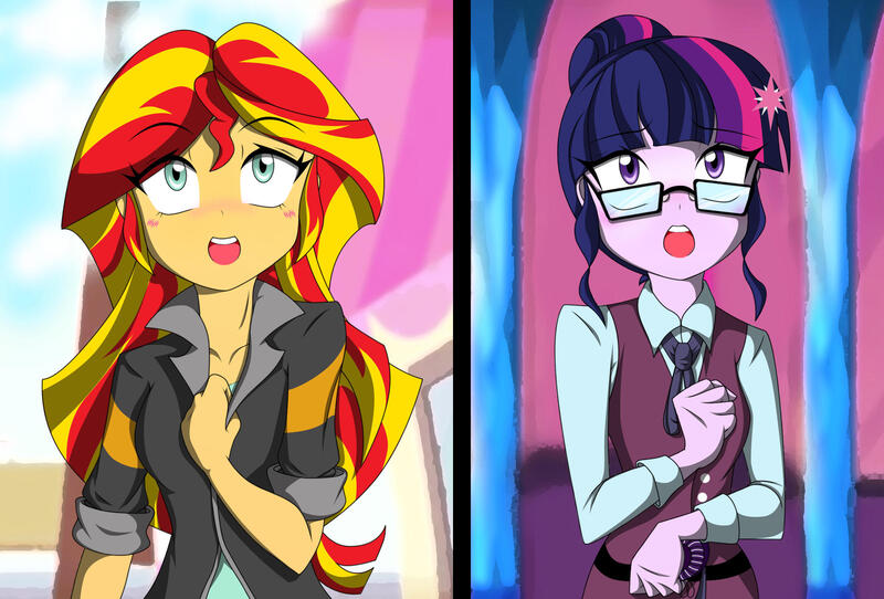 Size: 2400x1626 | Tagged: safe, artist:trainbang, derpibooru import, sci-twi, sunset shimmer, twilight sparkle, human, equestria girls, friendship games, g4, clothes, crystal prep academy uniform, female, homesick, homesick shimmer, image, jpeg, looking up, my little pony equestria girls: friendship games, open mouth, scene interpretation, school uniform, what more is out there