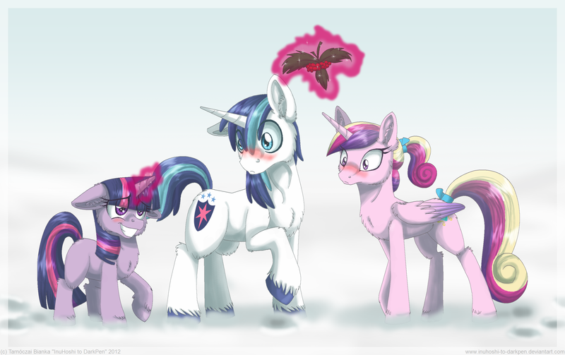 Size: 2788x1752 | Tagged: safe, artist:inuhoshi-to-darkpen, derpibooru import, princess cadance, shining armor, twilight sparkle, alicorn, pony, unicorn, g4, blushing, chest fluff, female, filly, foal, holly, holly mistaken for mistletoe, horn, image, male, png, shiningcadance, ship:shiningcadance, shipper on deck, shipping, snow, straight, teen princess cadance, teenage shining armor, twilight the shipper, unshorn fetlocks