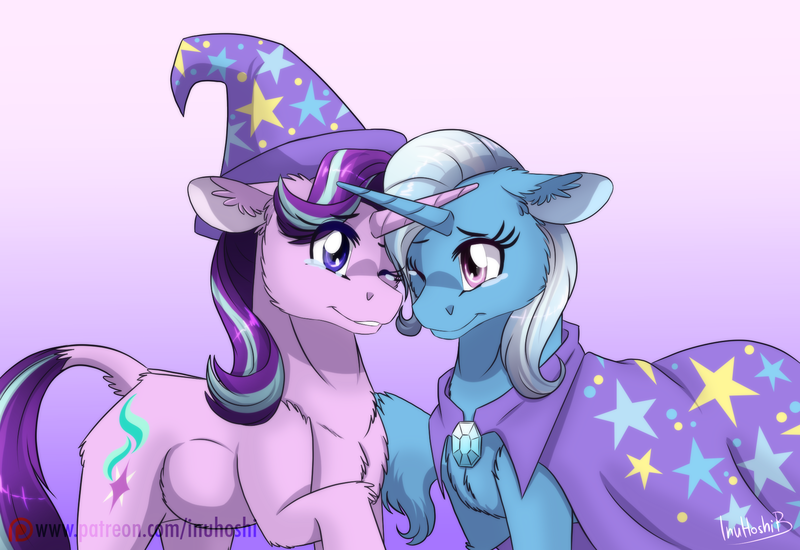 Size: 1920x1320 | Tagged: safe, artist:inuhoshi-to-darkpen, derpibooru import, starlight glimmer, trixie, classical unicorn, pony, unicorn, g4, no second prances, season 6, accessory swap, cloven hooves, crying, female, horn, horns are touching, image, leonine tail, lesbian, mare, my little pony, patreon, patreon logo, png, shipping, startrix, tail, unshorn fetlocks