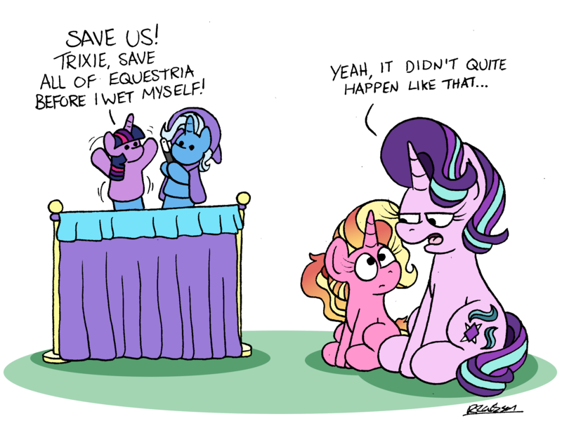 Size: 2400x1800 | Tagged: safe, artist:bobthedalek, derpibooru import, luster dawn, starlight glimmer, trixie, twilight sparkle, pony, unicorn, g4, atg 2022, cute, dialogue, diatrixes, female, filly, foal, glimmerbetes, horn, image, inconvenient trixie, luster dawn is starlight's and sunburst's daughter, lusterbetes, magic wand, mare, mother and child, mother and daughter, narcissism, newbie artist training grounds, offspring, parent:starlight glimmer, parent:sunburst, parents:starburst, png, puppet, puppet show, selfish, simple background, sitting, starlight glimmer is not amused, twiabetes, unamused, wand, white background