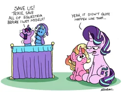 Size: 2400x1800 | Tagged: safe, artist:bobthedalek, derpibooru import, luster dawn, starlight glimmer, trixie, twilight sparkle, pony, unicorn, g4, atg 2022, cute, dialogue, diatrixes, female, filly, foal, glimmerbetes, horn, image, inconvenient trixie, luster dawn is starlight's and sunburst's daughter, lusterbetes, magic wand, mare, mother and child, mother and daughter, narcissism, newbie artist training grounds, offspring, parent:starlight glimmer, parent:sunburst, parents:starburst, png, puppet, puppet show, selfish, simple background, sitting, starlight glimmer is not amused, twiabetes, unamused, wand, white background