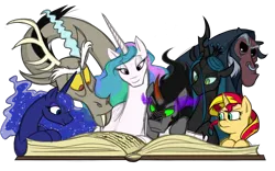 Size: 1418x883 | Tagged: safe, artist:dubsteppegasister, artist:mickeymonster, derpibooru import, discord, king sombra, lord tirek, princess celestia, princess luna, queen chrysalis, sunset shimmer, alicorn, centaur, changeling, changeling queen, draconequus, pony, taur, unicorn, g4, antagonist, book, female, horn, image, male, mare, missing accessory, png, reading, stallion