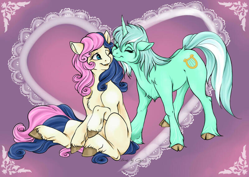 Size: 1233x876 | Tagged: safe, artist:cigarscigarettes, artist:piscella, derpibooru import, bon bon, lyra heartstrings, sweetie drops, classical unicorn, earth pony, pony, unicorn, g4, adorabon, chest fluff, cloven hooves, colored, cute, female, fluffy, horn, image, jpeg, kiss on the cheek, kissing, leonine tail, lesbian, lyrabetes, lyrabon, mare, missing cutie mark, shipping, unshorn fetlocks