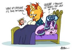 Size: 2258x1571 | Tagged: safe, artist:bobthedalek, derpibooru import, starlight glimmer, sunburst, pony, unicorn, g4, bed, bed mane, blaze (coat marking), clothes, coat markings, covering ears, facial markings, horn, image, implied shipping, implied starburst, implied straight, male, messy mane, morning ponies, pajamas, pillow, png, simple background, sleep mask, socks (coat marking), stallion, tired, white background