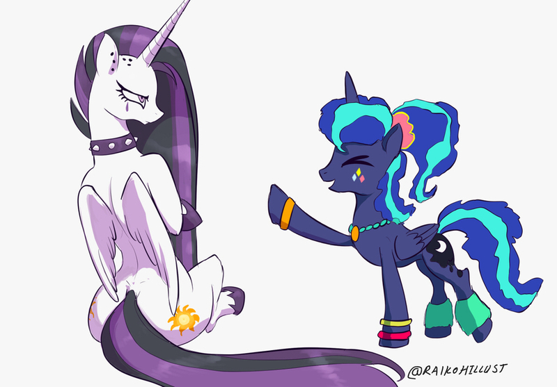 Size: 1024x713 | Tagged: safe, artist:raikoh, derpibooru import, princess celestia, princess luna, alicorn, pony, between dark and dawn, g4, 80s princess luna, alternate hairstyle, choker, chokerlestia, clothes, duo, duo female, female, image, jpeg, leggings, mare, my little pony, punklestia, simple background, sitting, white background