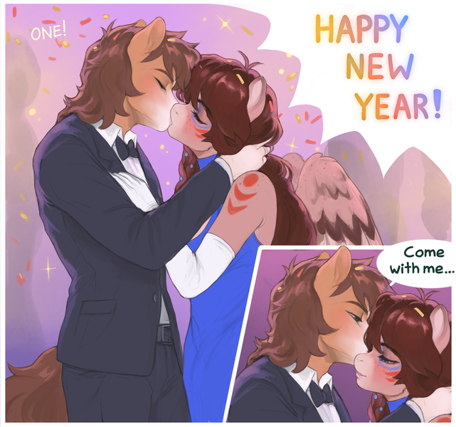 Size: 3207x3000 | Tagged: suggestive, artist:hirichie, derpibooru import, oc, oc:iron aegis, oc:ondrea, anthro, pegasus, pony, clothes, comic, dress, dressup, fancy, happy new year, holiday, image, kissing, page, page 2, party, png