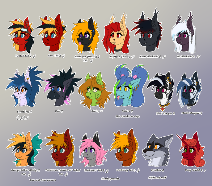 Size: 4000x3500 | Tagged: safe, artist:twotail813, derpibooru import, oc, oc:gear, oc:hearty, oc:nightsun, oc:nis blackhoof, oc:sweetdrop, oc:twotail, oc:xarxe blackhoof, unofficial characters only, bat pony, earth pony, gryphon, pegasus, pony, unicorn, wolf, zebra, beak, collar, ear piercing, earring, female, horn, image, jewelry, male, necklace, piercing, png, simple background, tongue out, zebra oc