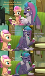 Size: 1920x3240 | Tagged: safe, artist:red4567, derpibooru import, sunny starscout, earth pony, pony, g5, 3d, allura, aq bars, braid, braided ponytail, canterlot city, cats doing cat things, drink, duo, duo female, ear piercing, ear scratch, earring, female, furry reminder, hypocrisy, hypocritical humor, image, jewelry, licking, mare, piercing, png, ponytail, scratching, smoothie, source filmmaker, tongue out, unshorn fetlocks