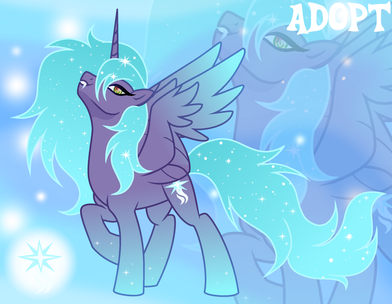 Size: 1280x993 | Tagged: safe, artist:vi45, derpibooru import, oc, unofficial characters only, alicorn, pony, base used, blue mane, blue tail, blue wingtips, colored wings, colored wingtips, cyan mane, cyan tail, ethereal mane, ethereal tail, eyelashes, fangs, gradient background, gradient eyes, gradient legs, gradient wings, horn, image, lidded eyes, long horn, long mane male, looking back, male, male alicorn, male alicorn oc, male oc, png, purple coat, raised head, raised hoof, smiling, solo, sparkles, sparkly legs, sparkly mane, sparkly tail, spread wings, stallion, stallion oc, standing, standing on three hooves, swirly eyes, tail, two toned wings, unicorn horn, wings, zoom layer