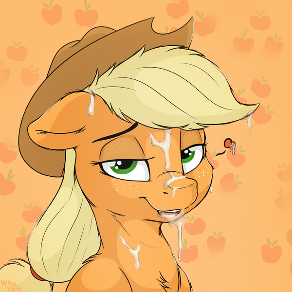 Size: 4133x4133 | Tagged: explicit, artist:whyvernad, derpibooru import, applejack, earth pony, pony, g4, abstract background, absurd resolution, bukkake, cum, cum in mouth, cum on body, cutie mark background, facial, female, green eyes, image, looking at you, png, simple background, solo, solo female