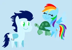 Size: 3553x2499 | Tagged: safe, anonymous artist, derpibooru import, rainbow dash, soarin', tank, pegasus, pony, turtle, series:soarindash relationship, series:soarindash romantic tales, g4, animal, carrying, derpibooru exclusive, female, flying, image, male, mare, png, pointy ponies, shipping, soarindash, stallion, straight