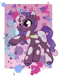 Size: 3360x4304 | Tagged: safe, artist:annuthecatgirl, derpibooru import, violette rainbow, unicorn, g5, spoiler:g5, dreadlocks, horn, image, jewelry, necklace, paint splatter, png, raised hoof, simple background, solo, unshorn fetlocks, vitiligo