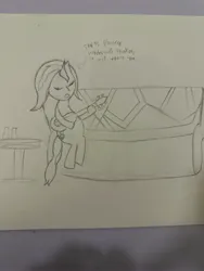 Size: 3024x4032 | Tagged: safe, derpibooru import, sunset shimmer, unicorn, g4, couch, guitar, horn, image, jpeg, musical instrument, pencil drawing, singing, traditional art