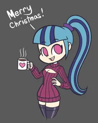 Size: 1600x2000 | Tagged: suggestive, artist:khuzang, derpibooru import, sonata dusk, human, g4, boob window, breasts, christmas, cleavage, clothes, coffee, female, food, holiday, humanized, image, keyhole turtleneck, open-chest sweater, png, ponytail, solo, solo female, sweater, turtleneck