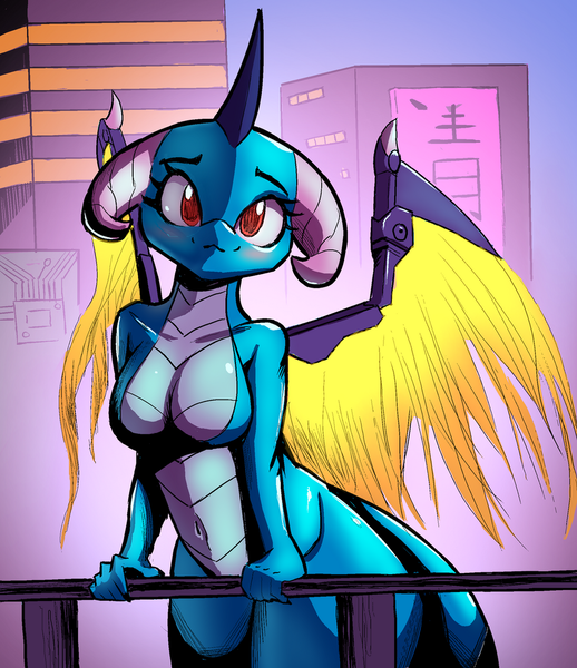 Size: 1024x1185 | Tagged: suggestive, artist:ahobobo, derpibooru import, princess ember, anthro, dragon, g4, :3, artificial wings, augmented, bare shoulders, belly, belly button, blushing, breasts, city, complete nudity, cute, dragoness, emberbetes, featureless breasts, female, hips, image, lizard breasts, mechanical wing, nudity, png, smiling, solo, solo female, thick, thighs, thunder thighs, wide hips, wings