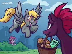 Size: 1024x768 | Tagged: safe, artist:simondrawsstuff, derpibooru import, derpy hooves, pinkie pie, tempest shadow, earth pony, pegasus, pony, unicorn, g4, apology, basket, blushing, broken horn, cute, derpy's sacrifice, female, food, horn, image, jpeg, mare, mouth hold, muffin