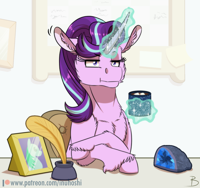 Size: 1600x1503 | Tagged: safe, artist:inuhoshi-to-darkpen, derpibooru import, starlight glimmer, pony, unicorn, g4, marks for effort, season 8, spoiler:s08, :i, chocolate, crossed hooves, cup, drink, ear twitch, empathy cocoa, eyebrows, eyebrows visible through hair, female, food, geode, glow, glowing horn, guidance counselor, horn, hot chocolate, i mean i see, image, magic, magic aura, mare, marshmallow, my little pony, png, scene interpretation, solo, starlight's office, telekinesis, unshorn fetlocks