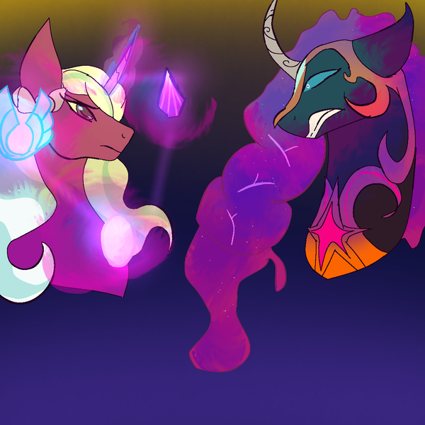 Size: 1280x1280 | Tagged: safe, derpibooru import, sunny starscout, alicorn, lullaby for a princess, g5, angry, artificial alicorn, banishment, crystal, curved horn, earth pony crystal, fire alicorn, horn, image, nightmare moon armor, nightmarified, opaline arcana, pegasus crystal, png, sad, starless sky, unicorn crystal, unity crystals