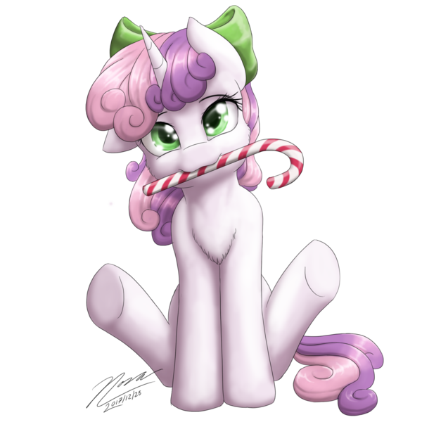 Size: 2217x2216 | Tagged: safe, artist:novaintellus, derpibooru import, sweetie belle, pony, unicorn, g4, adult, bow, bowtie, candy, candy cane, chest fluff, cute, diasweetes, female, filly, foal, food, hair bow, horn, image, looking at you, mare, mouth hold, png, simple background, sitting, solo, transparent background