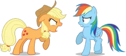 Size: 9003x3987 | Tagged: safe, artist:creedyboy124, derpibooru import, applejack, rainbow dash, earth pony, pegasus, pony, g4, angry, applejack's hat, cowboy hat, duo, duo female, female, females only, folded wings, hat, image, png, scared, simple background, transparent background, wings, yelling