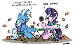 Size: 2441x1518 | Tagged: safe, artist:bobthedalek, derpibooru import, starlight glimmer, trixie, pony, unicorn, g4, autumn, chair, clothes, coffee, crossed hooves, crossed legs, cup, dialogue, duo, duo female, female, horn, image, leaves, magic, mare, png, scarf, table, trixie is not amused, unamused