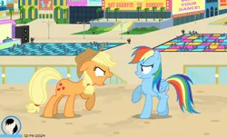 Size: 9000x5458 | Tagged: safe, artist:creedyboy124, derpibooru import, applejack, rainbow dash, earth pony, pegasus, pony, g4, angry, applejack's hat, background, city, cowboy hat, duo, duo female, female, females only, folded wings, hat, image, png, scared, wings, yelling