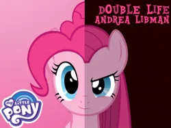 Size: 540x404 | Tagged: safe, artist:randomuser1409, derpibooru import, pinkie pie, g4, andrea libman, female, image, jpeg, my little pony logo, pinkamena diane pie, solo, split screen, two sides