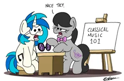 Size: 2320x1516 | Tagged: safe, artist:bobthedalek, derpibooru import, octavia melody, vinyl scratch, earth pony, pony, unicorn, g4, blindfold, desk, drool, duo, easel, female, horn, image, mare, nice try, octavia is not amused, png, sleep mask, sleeping, teaching, unamused