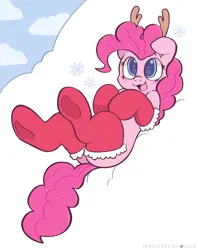 Size: 1748x2210 | Tagged: safe, artist:spookyfoxinc, derpibooru import, pinkie pie, earth pony, g4, antlers, christmas, clothes, festive, giggling, heart, heart eyes, hearth's warming, holiday, image, png, simple background, snow, socks, solo, wingding eyes, winter