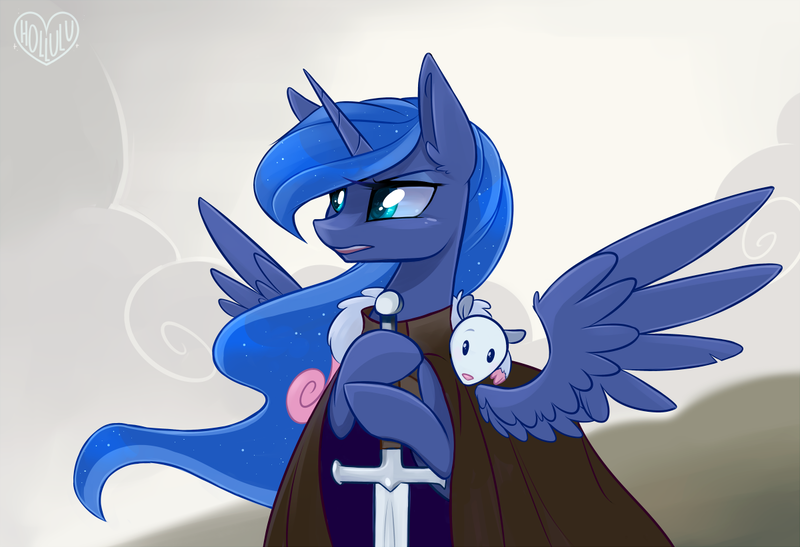 Size: 1200x821 | Tagged: safe, artist:meekcheep, derpibooru import, princess luna, tiberius, alicorn, opossum, pony, g4, a song of ice and fire, crossover, eddard stark, female, game of thrones, image, mare, ned stark, png, spread wings, wings, winter is coming