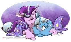 Size: 1890x1134 | Tagged: safe, artist:inuhoshi-to-darkpen, derpibooru import, starlight glimmer, trixie, pony, unicorn, g4, blushing, cape, clothes, cuddling, eyes closed, female, hat, horn, image, lesbian, mare, nuzzling, png, shipping, simple background, startrix, transparent background, trixie's cape, trixie's hat, unshorn fetlocks