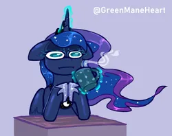 Size: 1746x1383 | Tagged: safe, artist:greenmaneheart, derpibooru import, princess luna, pony, g4, :i, coffee mug, i mean i see, image, magic, mug, png, solo