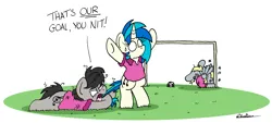 Size: 2895x1308 | Tagged: safe, artist:bobthedalek, derpibooru import, derpy hooves, octavia melody, vinyl scratch, earth pony, pegasus, pony, unicorn, g4, atg 2022, bipedal, clothes, dizzy, epic fail, fail, female, football, goal, horn, image, knocked out, mare, messy mane, newbie artist training grounds, own goal, pain star, png, shirt, sports, sudden realization, swirly eyes, tail, tail pull, this did not end well, you had one job