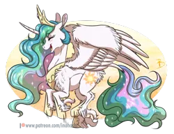 Size: 1704x1307 | Tagged: safe, artist:inuhoshi-to-darkpen, derpibooru import, princess celestia, alicorn, classical unicorn, pony, unicorn, g4, horse play, chest fluff, cloven hooves, crown, cute, cutelestia, ethereal mane, eyes closed, feathered fetlocks, female, fluffy, happy, horn, image, jewelry, leonine tail, mare, my little pony, open mouth, png, prancelestia, prancing, regalia, simple background, solo, tail, transparent background, unshorn fetlocks